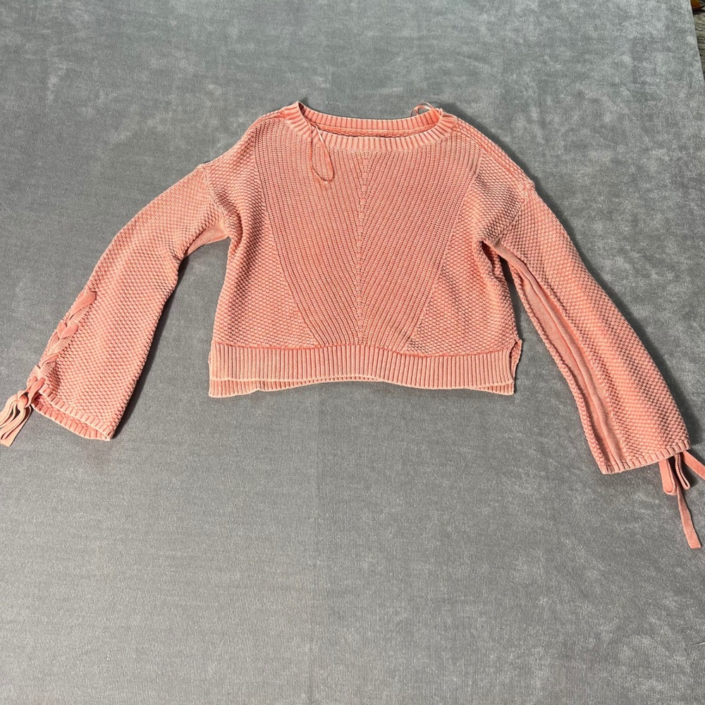 Hollister Womens Coral Pink Lace Up Sleeve Knit Sweater XS Cotton Cropped Boho